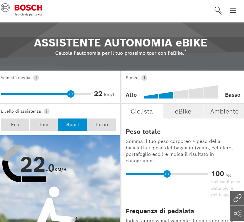 programma di calcolo per determinare la autonomia in km delle bici elettriche motorizzate Bosch